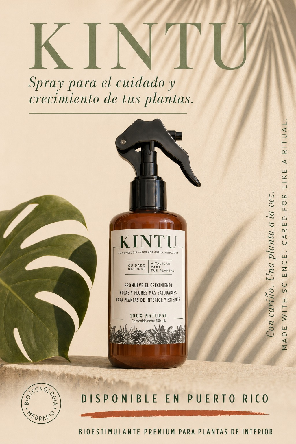 Kintu — bioestimulante premium para plantas de interior. Disponible en Puerto Rico. Hecho con biotecnología de MedraBiotech.