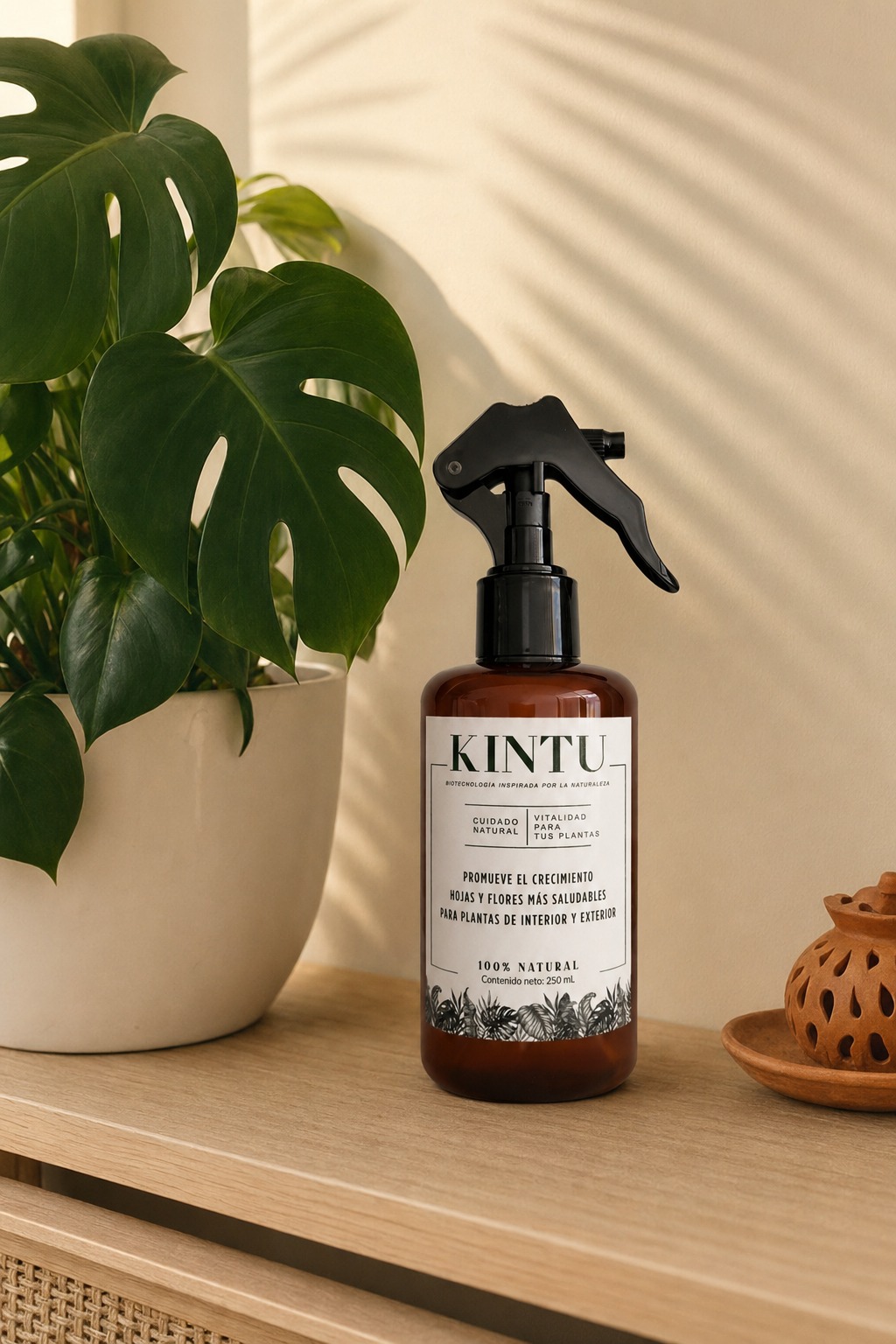 Botella Kintu sobre repisa con planta saludable y luz cálida de mañana